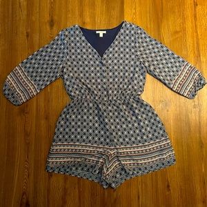 Navy blue patterned, 3/4 sleeved romper, M